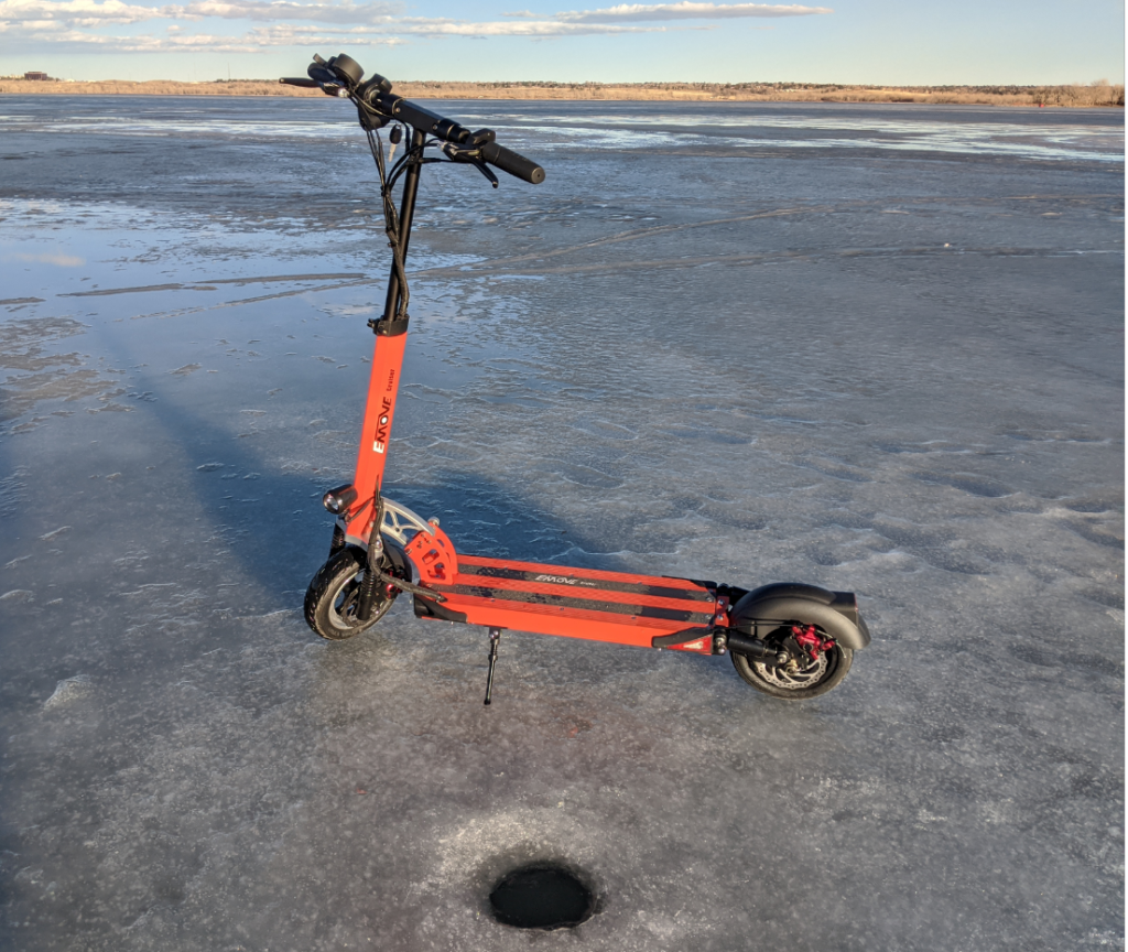 Emove Cruiser on Ice near and Ice Fishing Hole