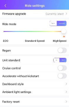 OKAI Neon ES20 App Interface for speed and light controls